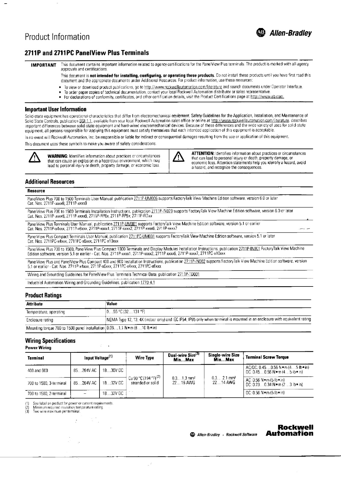 Product information Allen-Bradley 2711p and 2711PC PanelView Plus Terminals