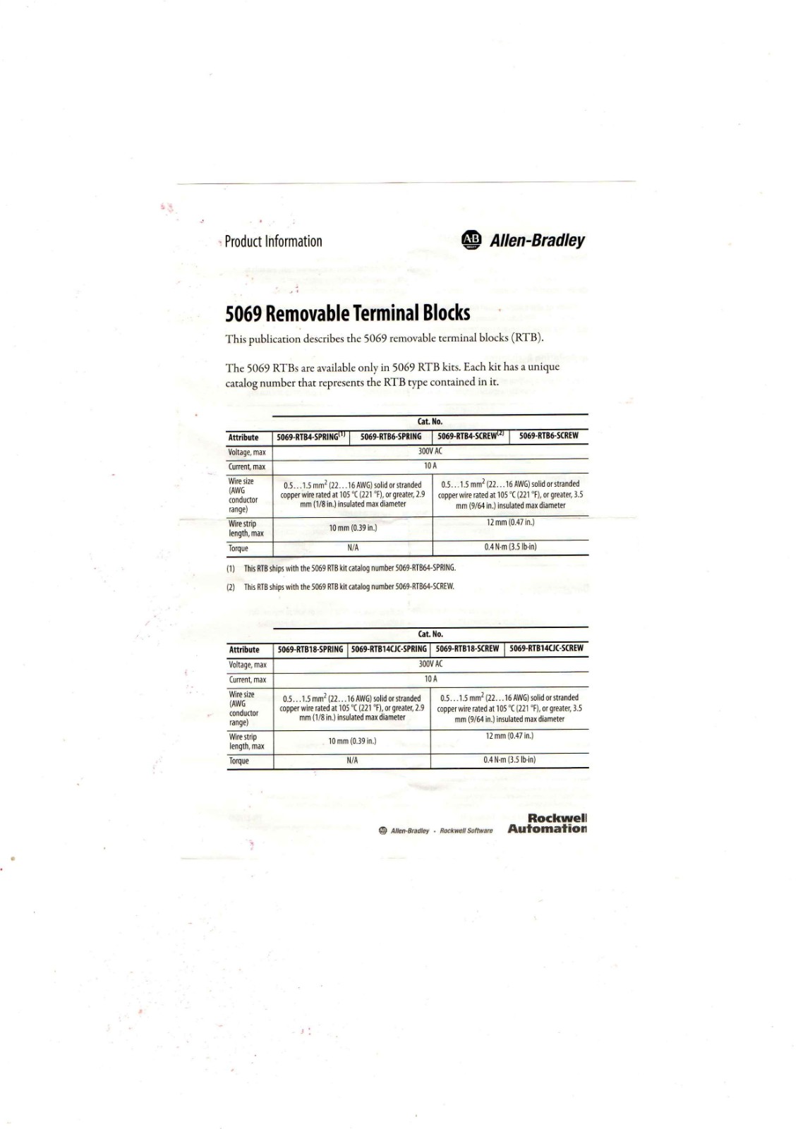 Allen-Bradley 5069 Removable Terminal Blocks